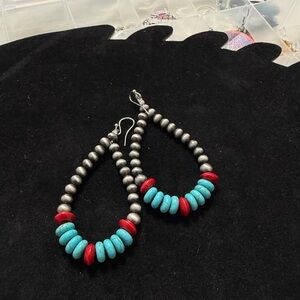 Turquoise and Red Beaded Teardrop Earrings